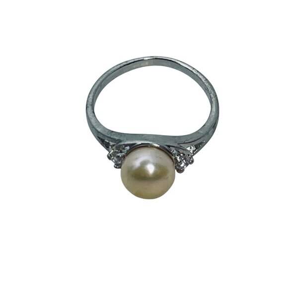 Silver Tone Clear Rhinestone & Faux Pearl Ring Size 6.25 (R451) - Picture 5 of 8